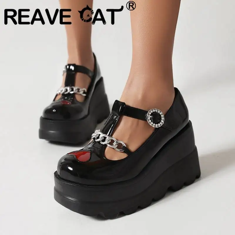 

Женские туфли-лодочки на танкетке REAVE CAT, шикарные туфли на танкетке с круглым носком и Т-образным ремешком на высоком каблуке 9 см, обувь боль...