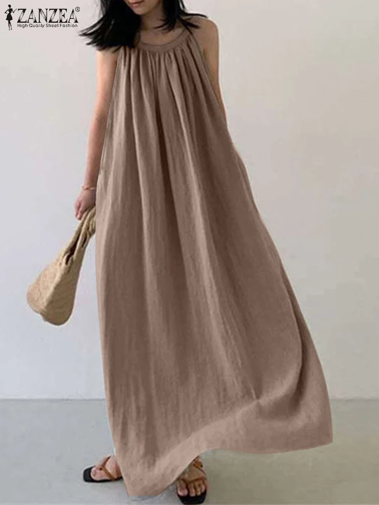 

ZANZEA Women Summer Solid Color 2022 Dress O-Neck Sleeveless Cotton Holiday Sundress Femme Fashion Casual Elegant Work OL Robes
