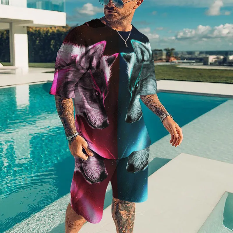 Summer Men Casual T-shirt Sets For Man Tracksuit Fashion 2-piece Oversize Outfit Animal Lion Tiger Suit Gym Streetwear