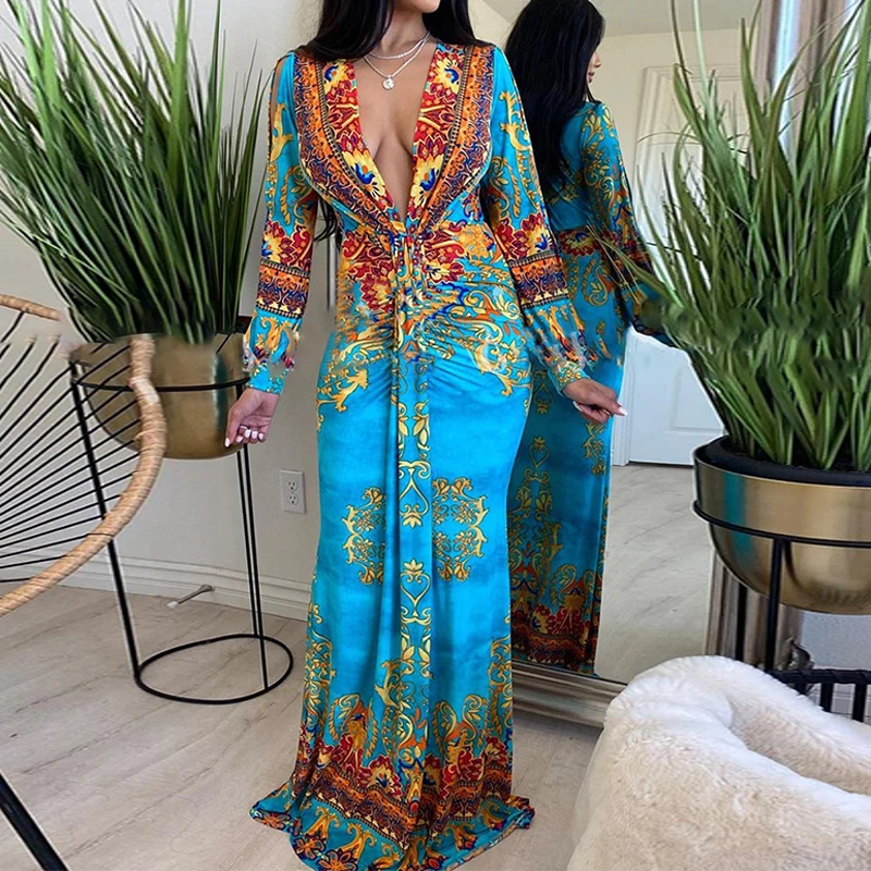 

Sexy Deep V-neck Folds Tie Party Dress Vintage Women Floral Print Bag Hip Dress Fashion Long Sleeve Pleated Beach Maxi Dress