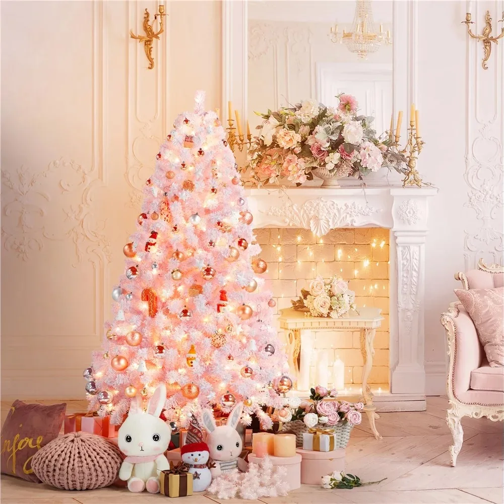 

4.5’ Pre-lit Flocked Artificial Christmas Tree with 100 Incandescent Warm White Lights, Pink christmas christmas trees