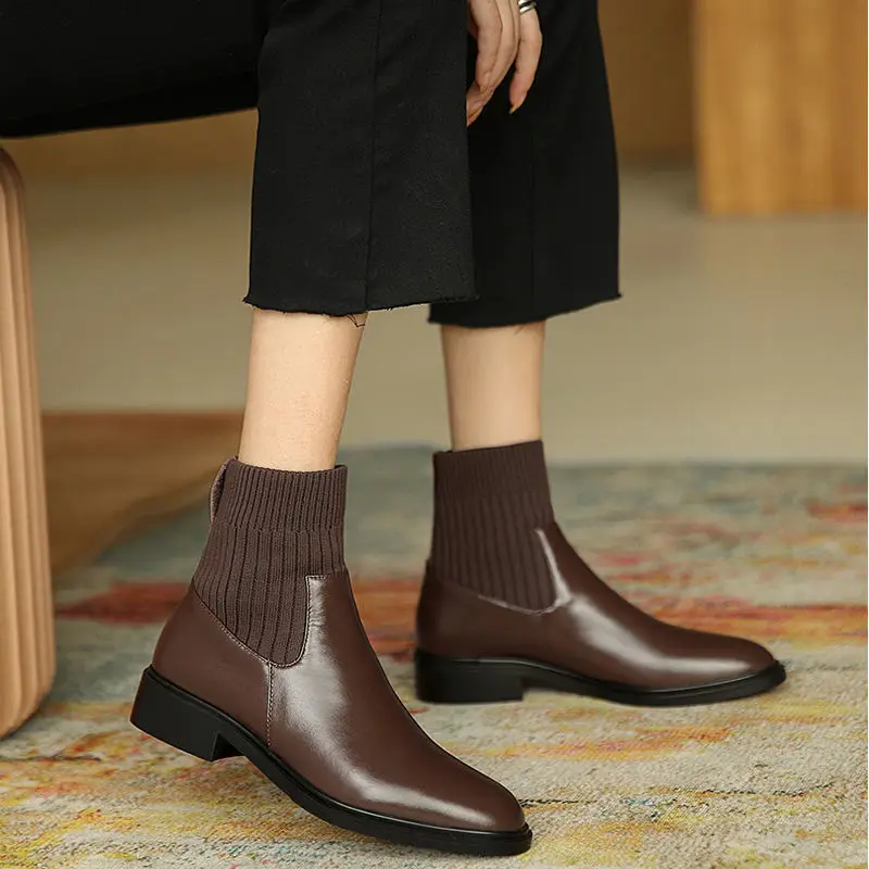 

Soft Leather Ankle Boots Women Shoes Autumn Winter New Vintage Wool Socks Boots Lady Fashion Round Head Thick Heel Elastic Shoes