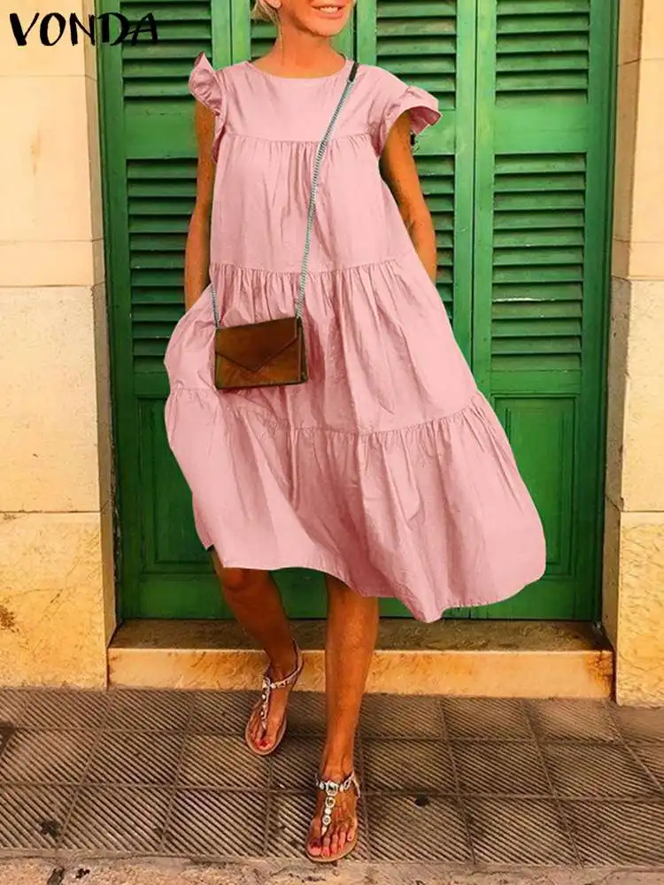 

VONDA Femme Bohemian Casual Summer Sundress Ruffled Vestido Loose Holiday Midi Robe Women ONeck Solid Cotton Long Shirt Dress