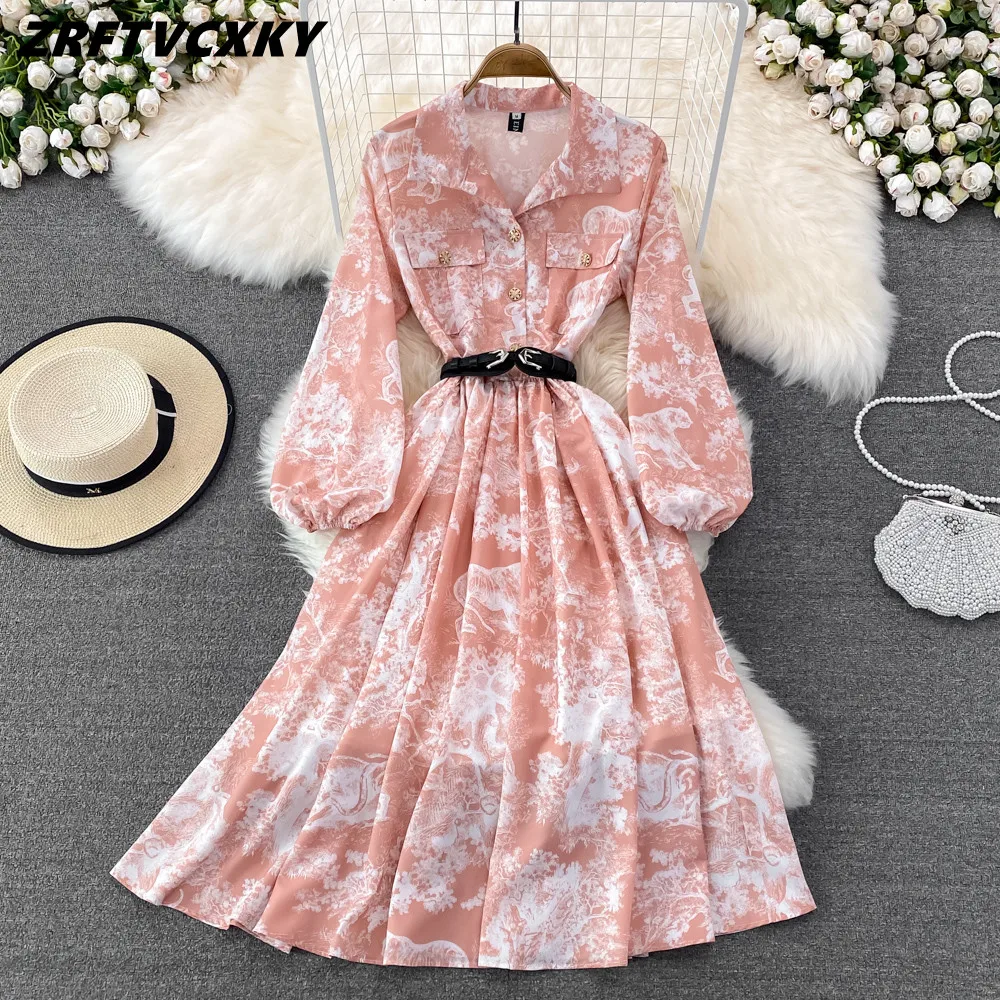 

Женское однобортное платье-рубашка, элегантное офисное платье миди с поясом и длинным рукавом, платье в стиле ретро с принтом животных, весн...