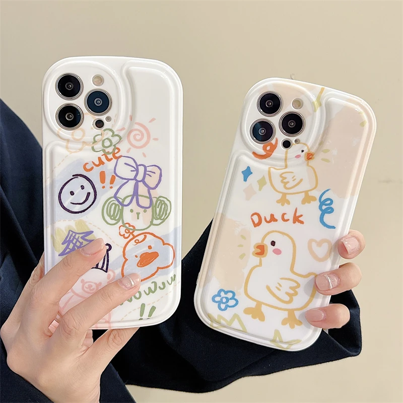

Cute Cartoon Duck Graffiti Phone Case For iPhone 13 Pro Max 12 11 X XR XS Max Couple Soft Silicone Shockproof Bumper Back Cover