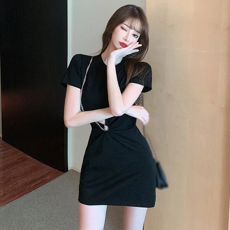 Y2K Женское Облегающее Летнее Платье Черного Цвета Длиной До Колена С Круглым