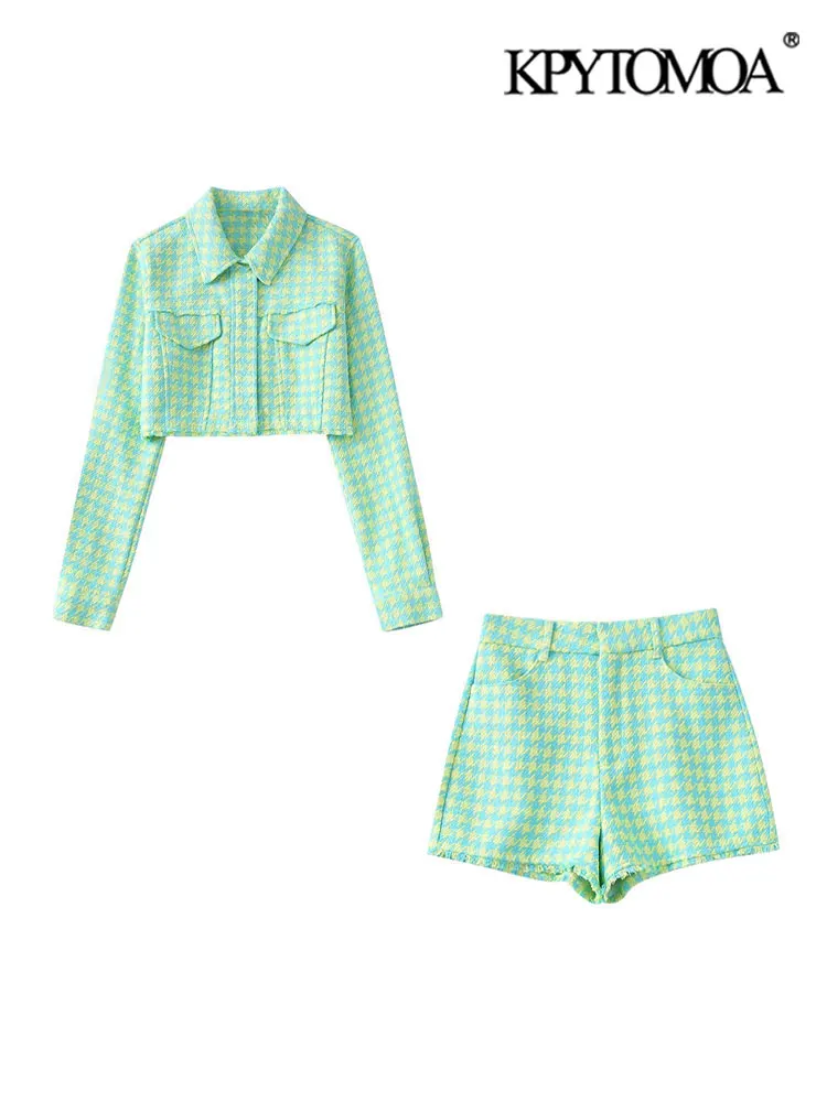 

KPYTOMOA Women Fashion Gingham Tweed Cropped Jacket Coat And High Waist Frayed Hem Shorts Female Two Piece Sets Mujer