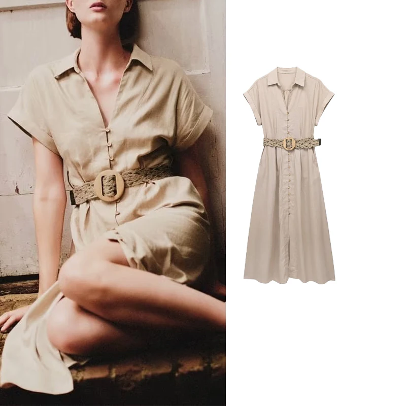 

TRAF Pleated Shirt Dress Woman Belt Long Dresses for Women 2023 Turn Up Sleeve Midi Female Party Dress Casual Summer Dress Women
