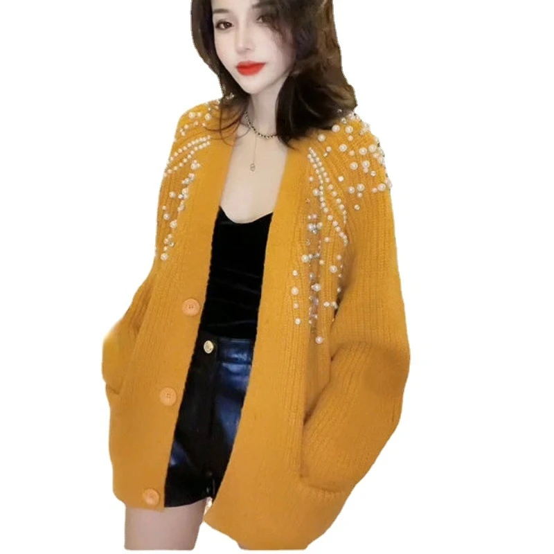 Роскошный вязаный кардиган с жемчужинами и бусинами осенне-зимний свободный