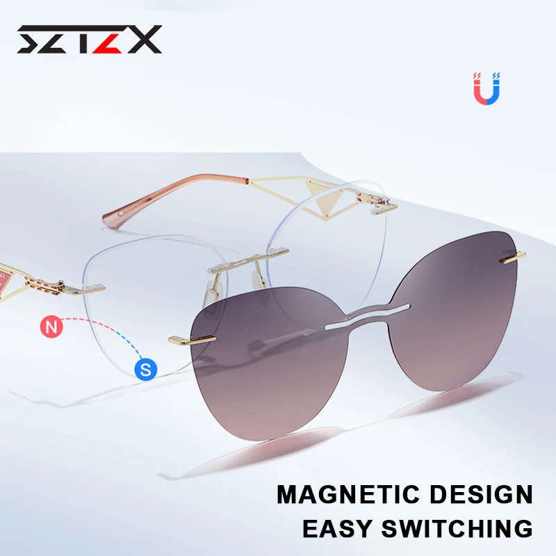 Женские ультралегкие очки 2 в 1 SZTZX магнитные солнцезащитные без оправы с зажимом