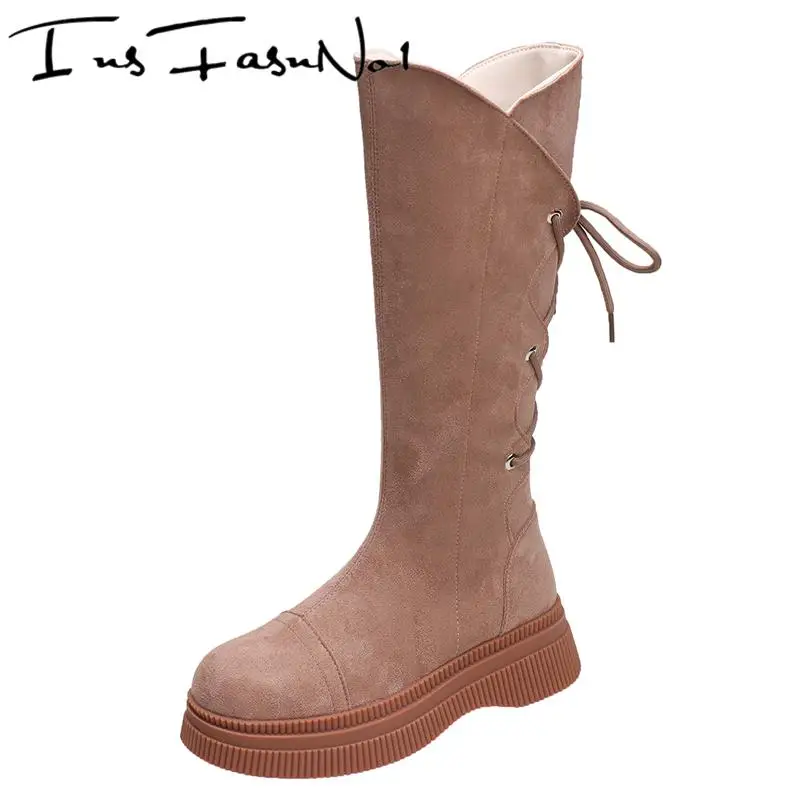 

Женские сапоги до колена из флока, тканевые сапоги с перекрестной шнуровкой, удобная зимняя обувь на платформе с молнией, дизайнерские женс...