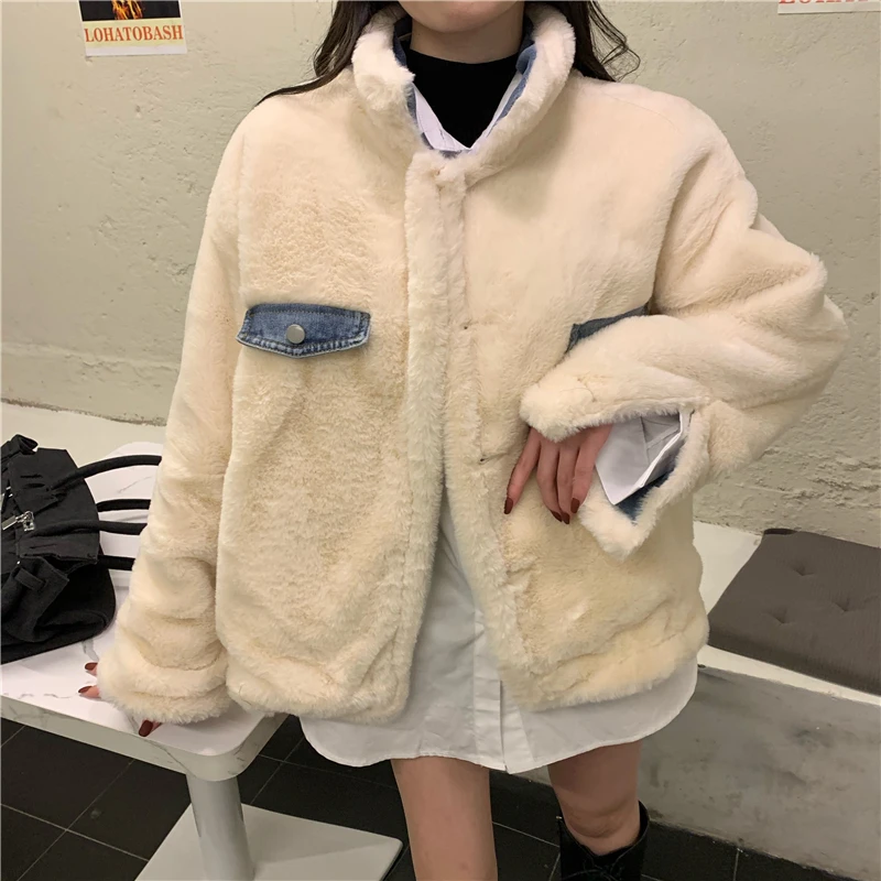 Джинсовое пальто из овечьей шерсти женское короткое Зимняя Толстая теплая