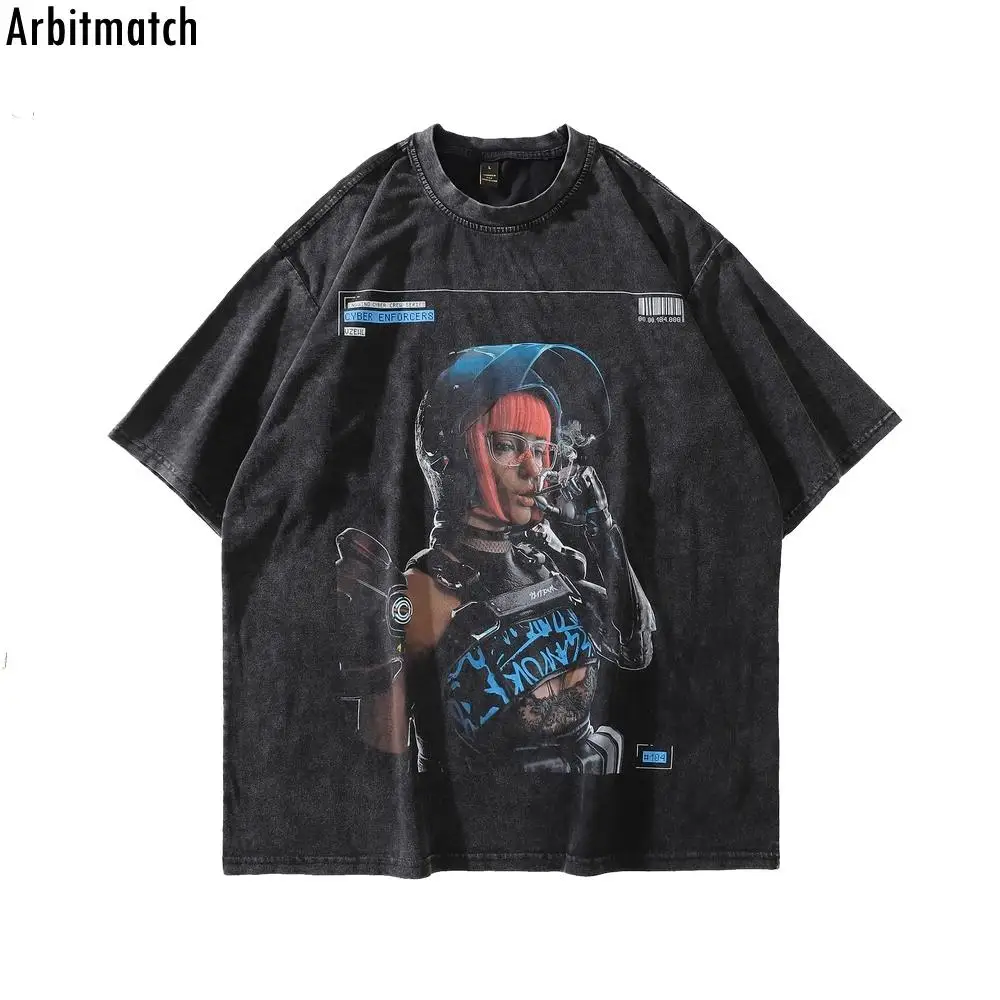 

Vintage Tshirt Men Streetwear Hip Hop Smoking Girl Graphics Print Distressed T-Shirt 2022 Harajuku Summer Cotton Washed Tshirt