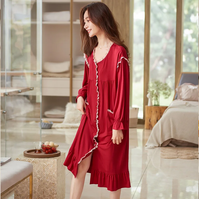 

Осенние женские ночные рубашки из модала, Кардиган с длинным рукавом, длинная ночная рубашка с кружевом, домашняя одежда принцессы для женщ...