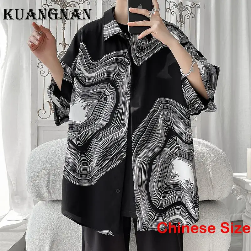 

KUANGNAN Printed Original Men's Shirts and Blouses Button Up Shirt Sale Korean Clothes Luxury Clothing Tops 5XL 2023 Summer