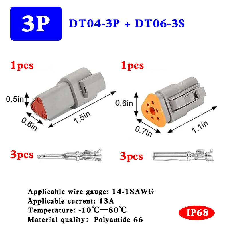 

Deutsch DT Connector 3Pin Waterproof Electrical Wire Connector DT04-3P DT06-3S With Terminal Contacts 14-20AWG And Sealing Plugs