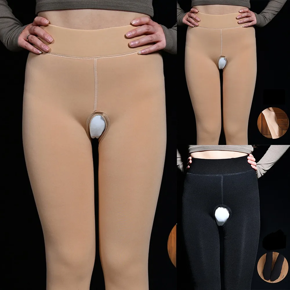 

Winter Women Open Crotch Thickened Warm Pants Lined Thermal Stretchy Leggings Solid Color Female Winter Outdoor Leggings