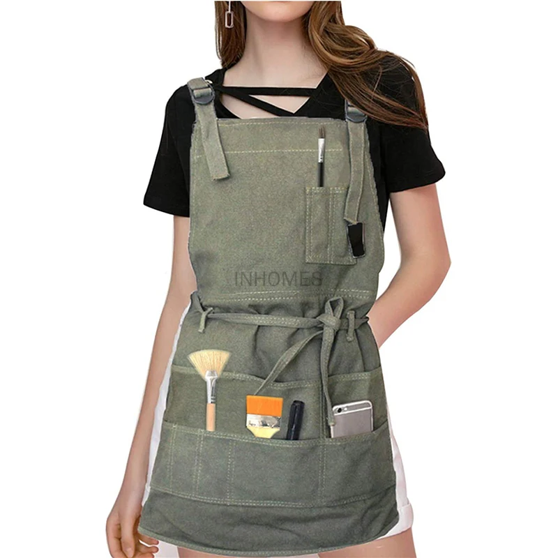 

Canvas Outdoor Gardening Restaurant Chef Work Apron Green Flower Painting Artist Barista Coffee Barber Shop Chef Nails Overalls