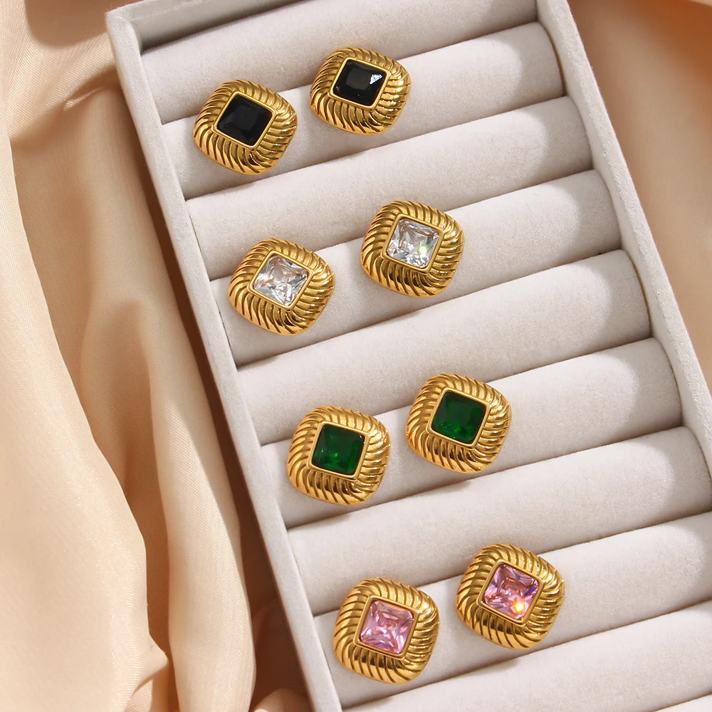 

2022 New Stainless Steel Small Square Texture Zircon Stone Stud Earrings Green Black Pink White Luxury Party Statement Earring