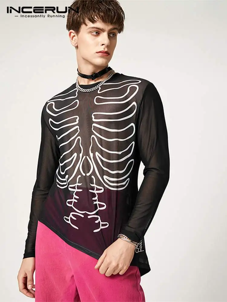 

Fashion Casual Style Tops INCERUN Handsome Men Bone Pattern Printing T-Shirts Irregular Hem Long Sleeve Thin Mesh Camiseta S-5XL