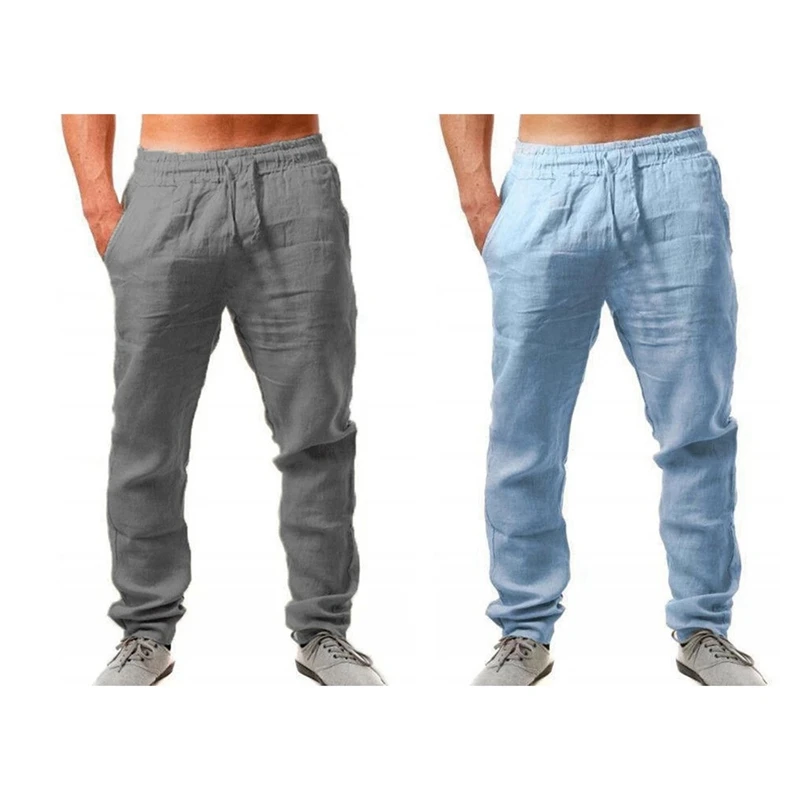 

2Pcs Men Cotton And Linen Trousers Loose Pants Men Solids Harem Pants Casual Pants Hip Hop Trousers,Gray & Blue XXXL