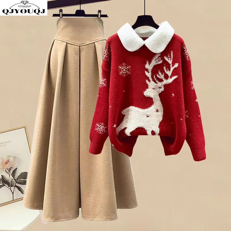 Осенне-зимний женский комплект больших размеров модный красный свитер в