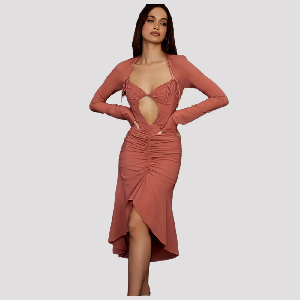 

Ruched Hollow Out Square Collar Dress Women Elegant Sexy Low Neck Cleavage Long Sleeve Fishtail Hem Vestidos Partywear Lady 2022