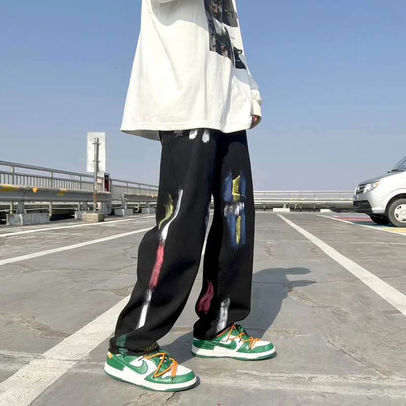 

Men's Splash-ink Jeans New Streetwear Straight Jean Pants Men Couple Graffiti Baggy Jeans Casual Denim Trousers Black/White