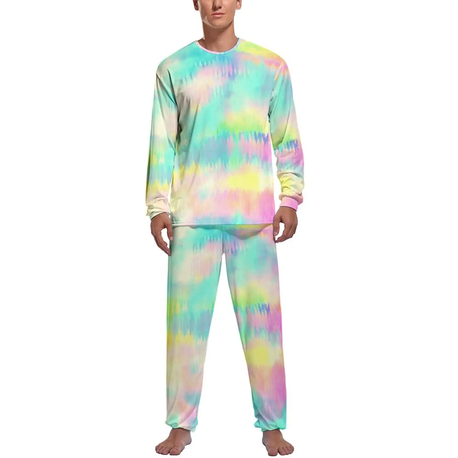 Colorful Tie Dye Pajamas Daily 2 Piece Modern Rainbow Print Cool Pajama Sets Mens Long Sleeves Bedroom Graphic Nightwear