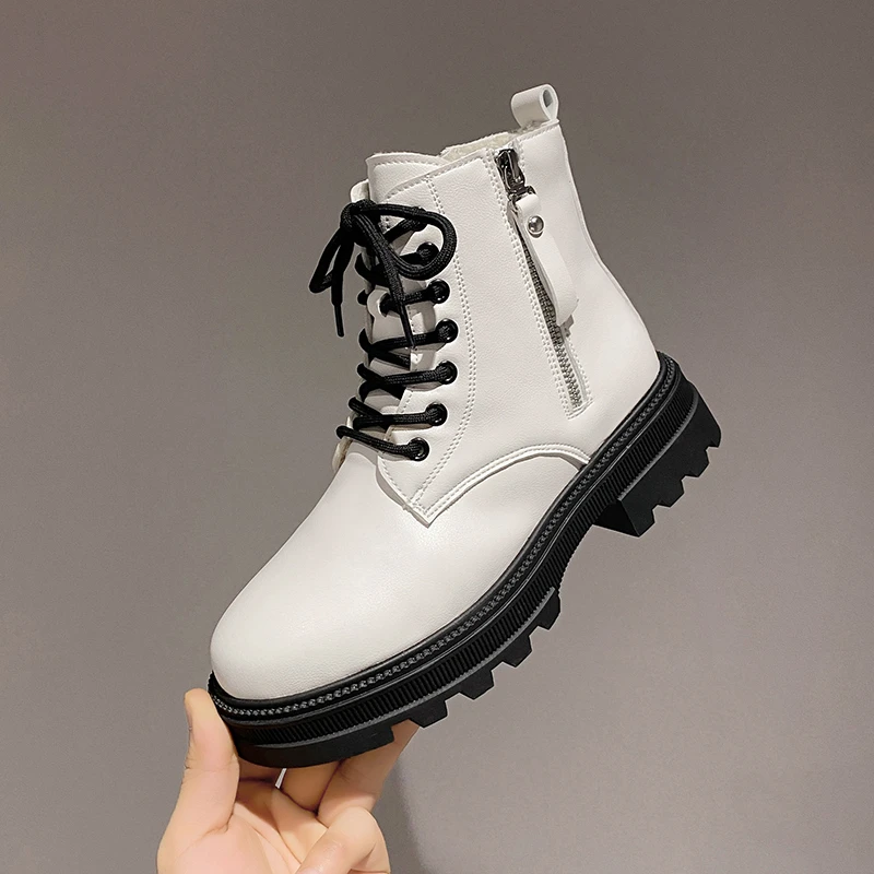 35-40 2022 Autumn Winter Fashion Sports Boots Women Mid-Calf Boots Ladies Non-slip British Style Shoes Zipper PU Leather Boots