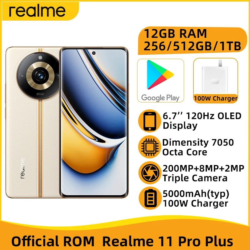 

realme 11 Pro Plus 5G Dimensity 7050 Восьмиядерный 6,7 "OLED-дисплей 120 Гц Камера 200 МП Аккумулятор 5000 мАч Зарядное устройство мощностью 100 Вт