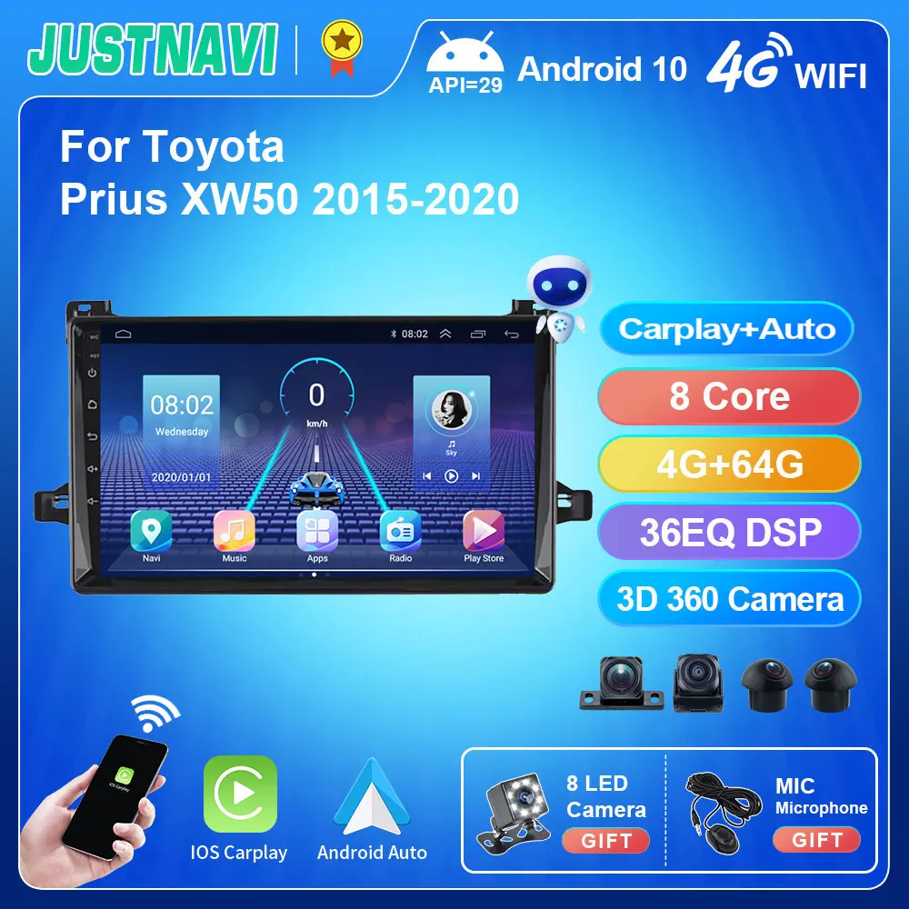 JUSTNAVI For Toyota Prius XW50 2015-2020 Car Radio Multimedia System Receiver Navigation GPS Stereo Auto Android BT No 2 Din DVD