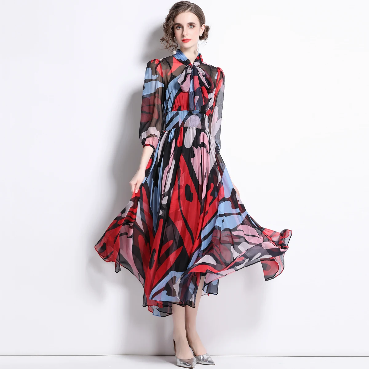 Simgent Chiffon Print Dress Women New Three Qurater Sleeve A Line Elegant Print Maxi Long Dresses Vestidos Female SG22212