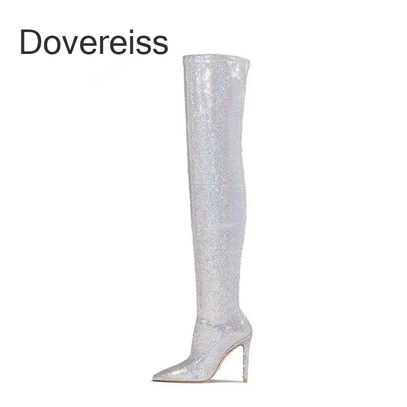 

Dovereiss 2022 Fashion Woman Winter Sexy Pure Color Pointed Toe Silver Stilettos Heels Over The Knee Boots Big Size 40 41 42 43