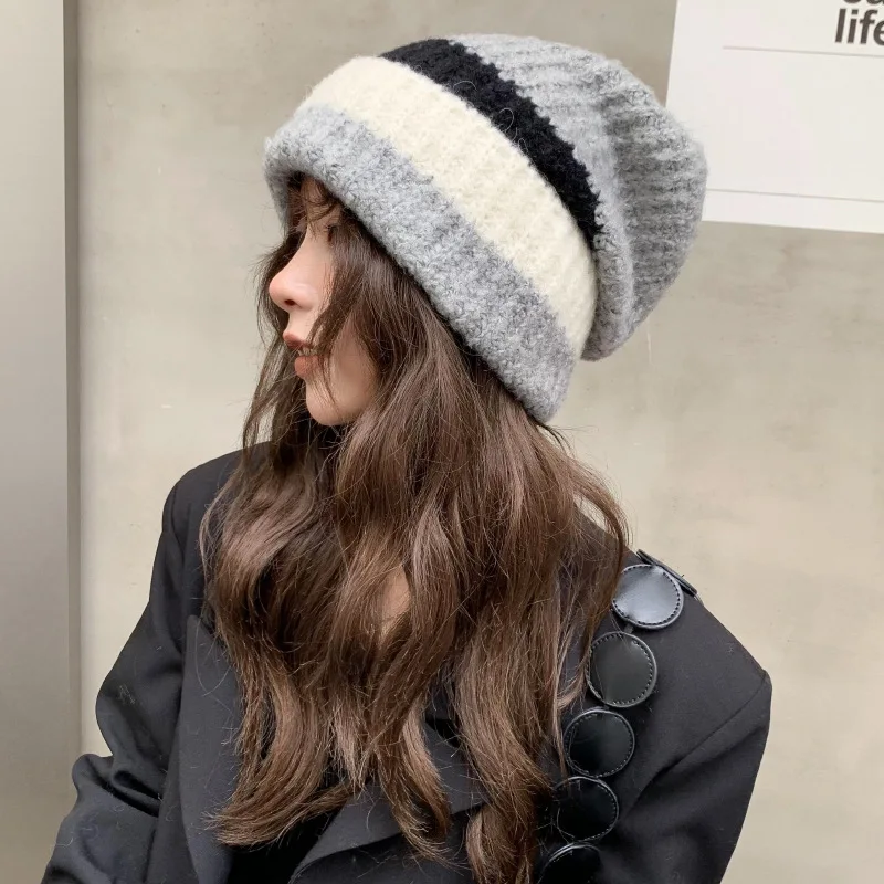 

Autumn and Winter Thickened Pink Beanies Hat Large Head Loose Knitted Cap Men Striped Color Matching Cold Caps Women's Hats