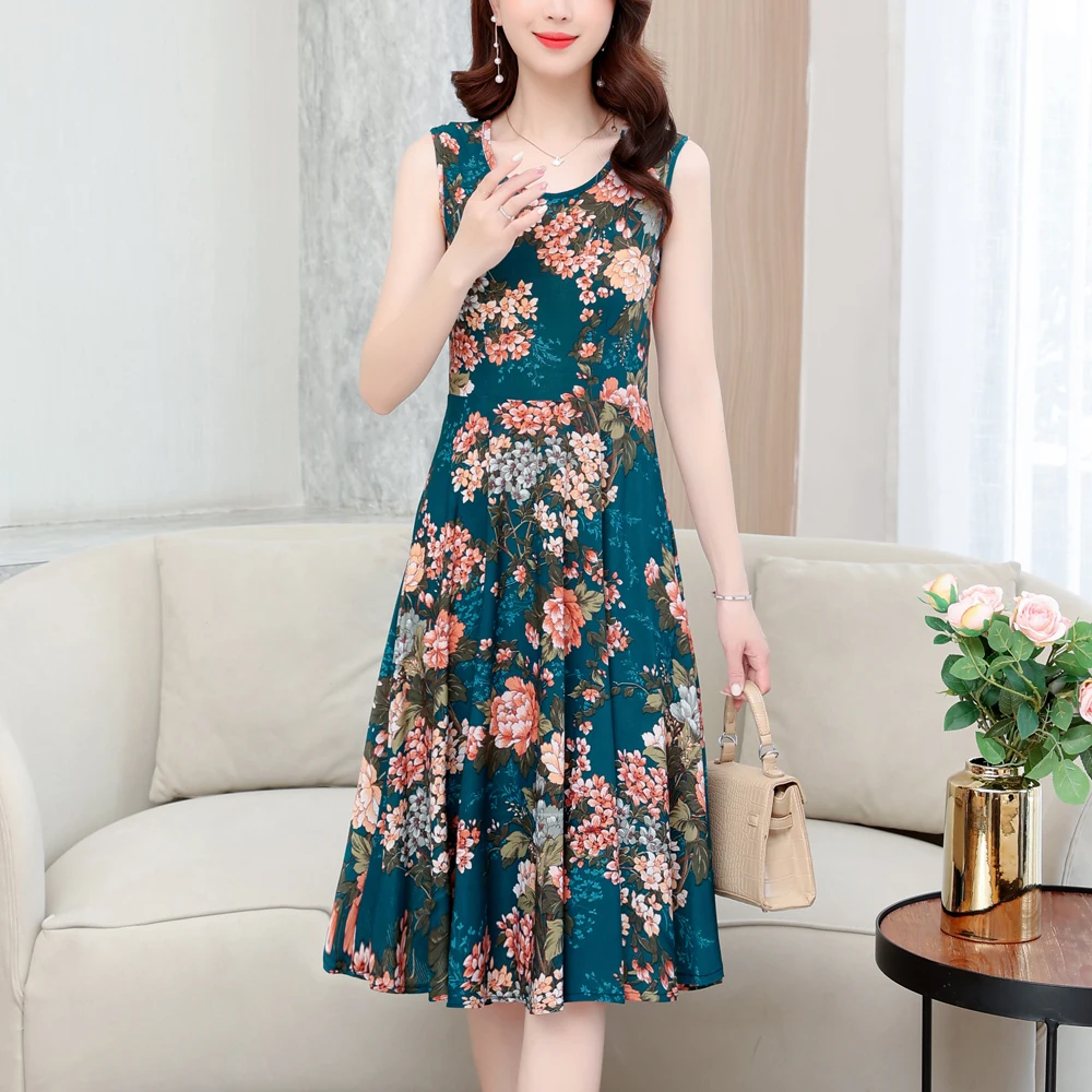 

New Hot 2022 Casual Print Fowers Women Summer Dresses For Women Clothing Cotton Vintage Dress O-neck Plus Size