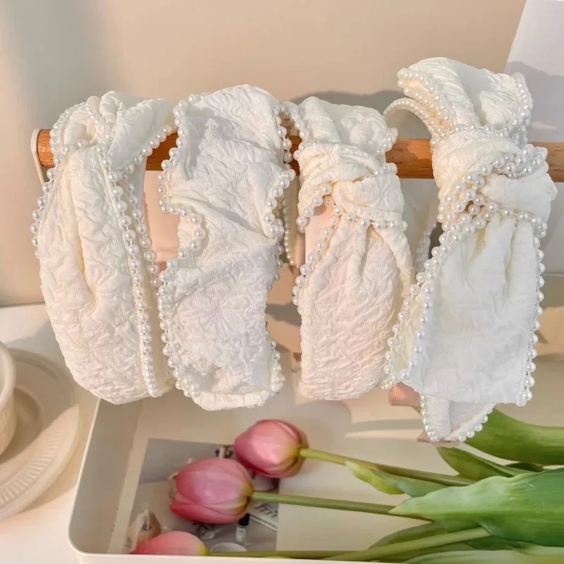 Жемчужный большой бант молочно-белая повязка на голову для мытья лица женщин