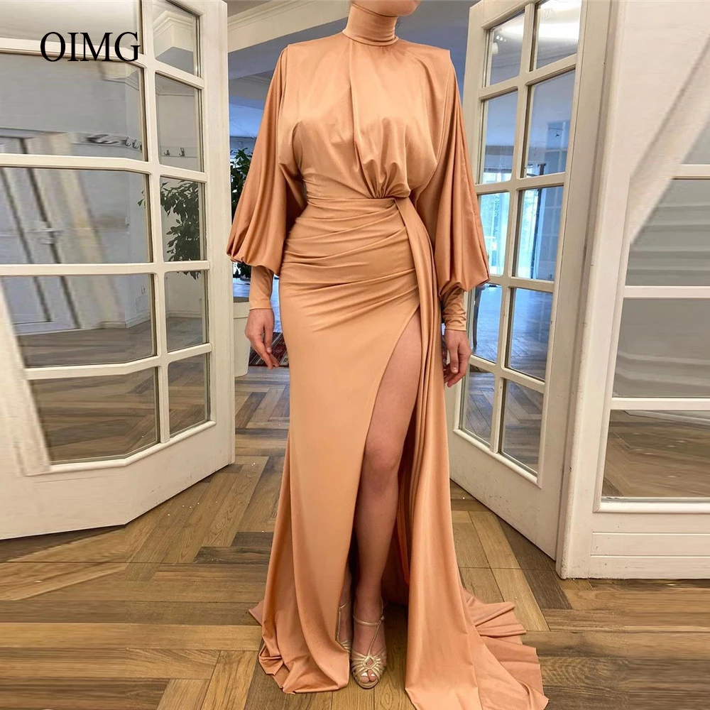 

Dubai Arabic Women Evening Dresses Champagne Satin High Neck Long Sleeves Slit Mermaid Prom Gowns Modest Party Formal Dress