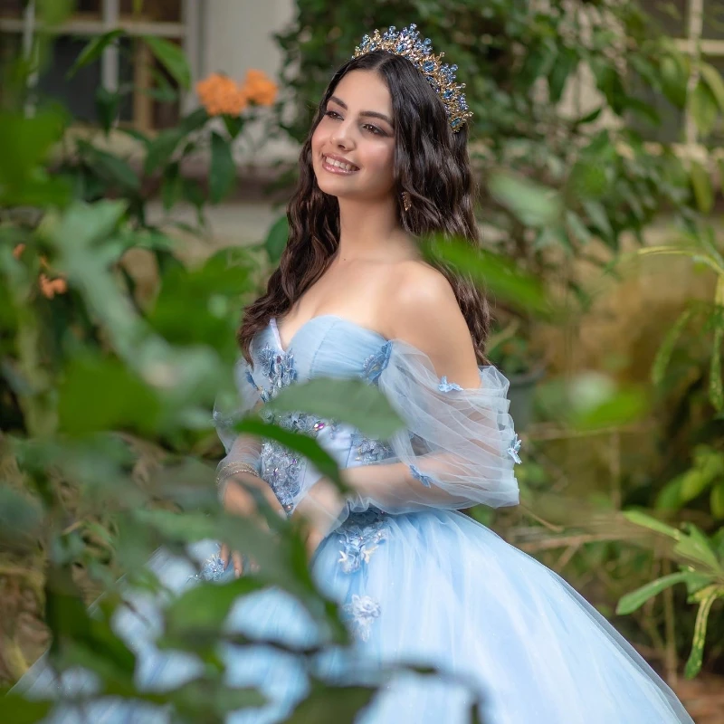 Небесно-голубое очаровательное бальное платье Quinceanera с открытыми плечами