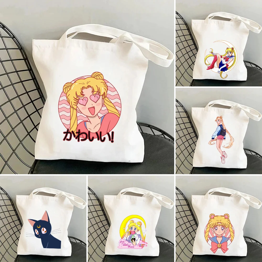 Anime Cartoon Girl Cute Cat Sailor Moon Women Canvas Shoulder Bag Harajuku Handbag Tote Eco Shopper Reusable Cotton Shopping Bag