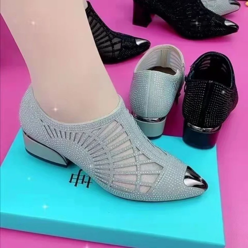 

Pointed Hollow Ladies High Heel Sandals Solid Color Rhinestone Fashion Woman's Shoes Outer Wear Comfortable Feamles Casual Shoes