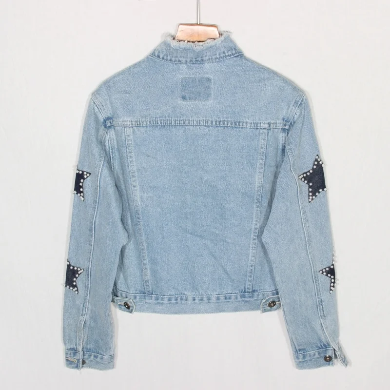 

Spring 2022 New Vintage Wash Blue Denim Coat Women Casual Slim Outerwear Beading Stand Collar Short Jeans Jacket Female