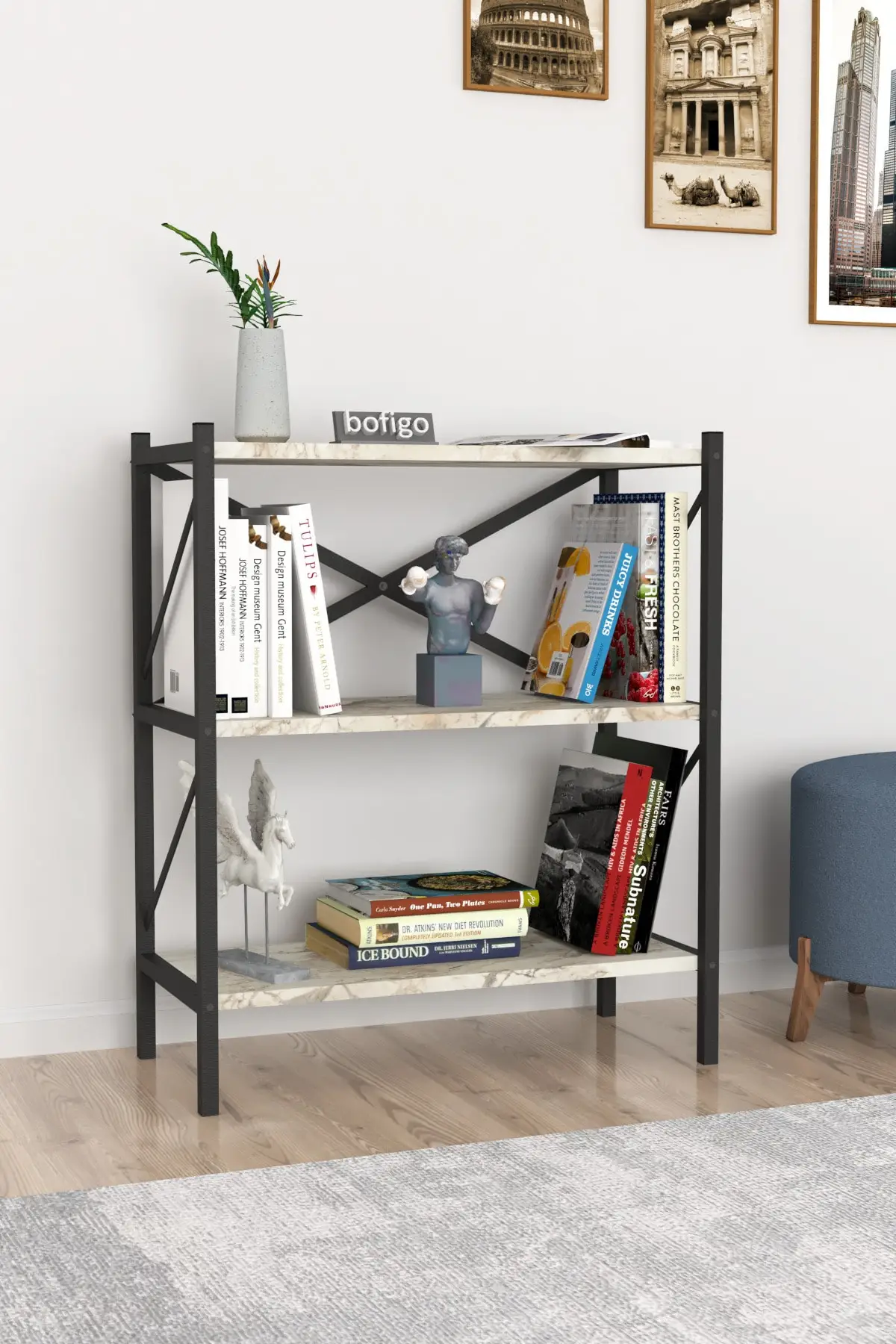 

Decorative 3 Shelves Metal Bookcase Wooden Living Room Kids Room