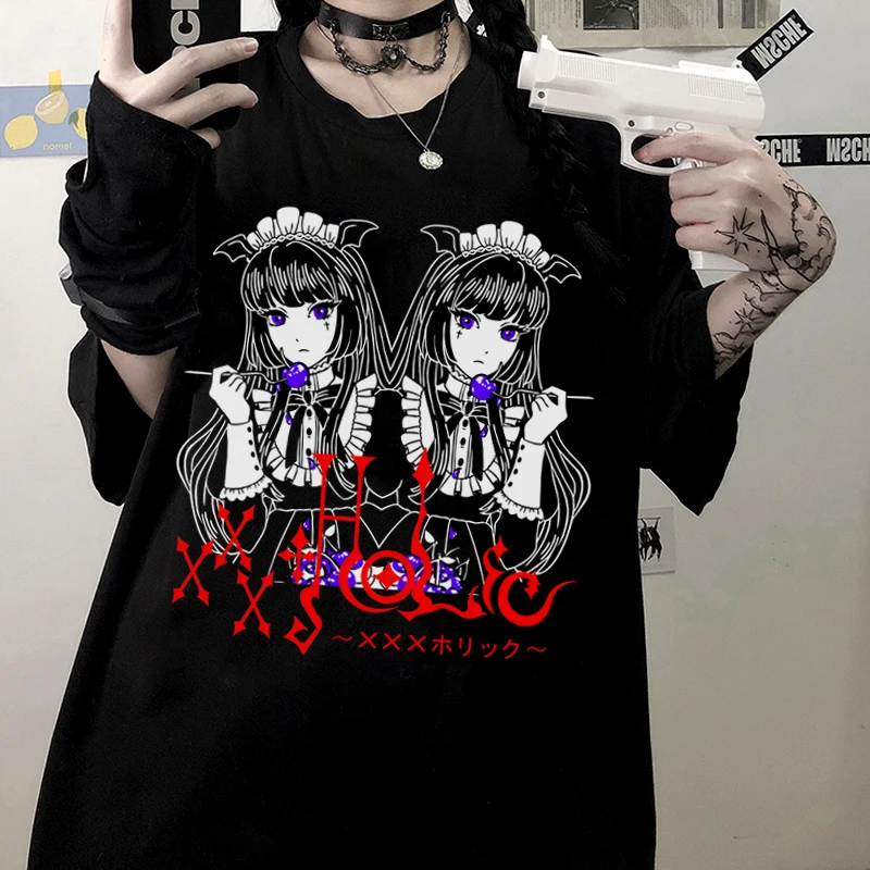 

Harajuku Punk Gothic Anime Cartoon Print Oversized T-Shirt Women Loose Short Sleeve Black Women Clothing Streetwear Y2K Tops