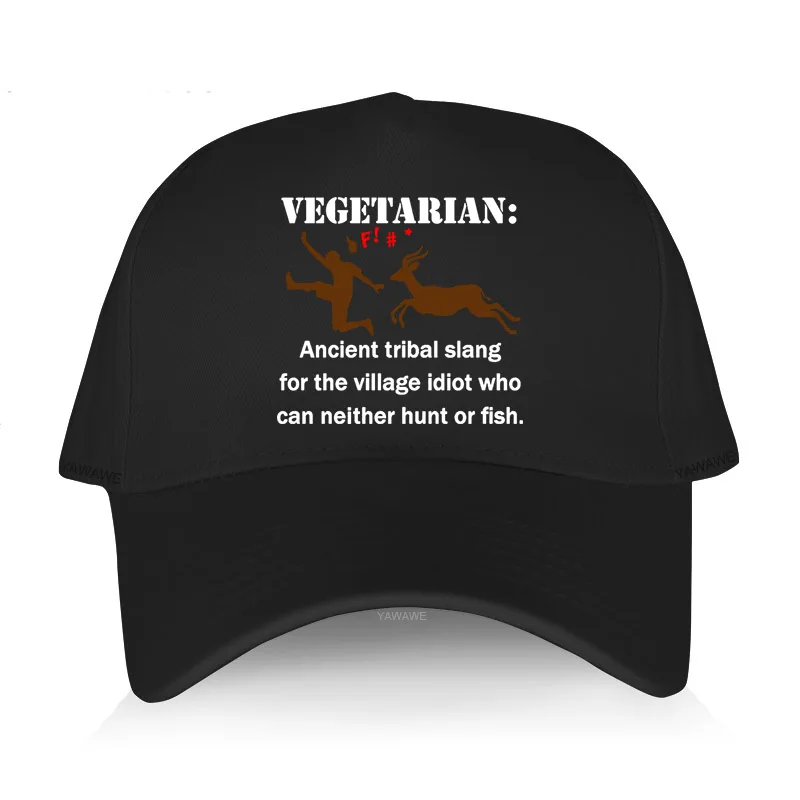 

Men's summer baseball cap black Adjuatable Hat casual style Vegetarian Tribal Slang For Idiot Who Can't Hunt Or Fish Funny