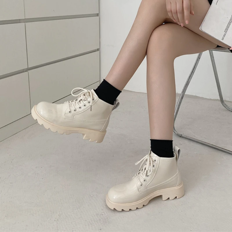 Lace Up Boots Women Round Toe Thick Sole Platform Shoes of Woman Fashion Green Ankle 2023 Pumps Square Heel Platform Boots New