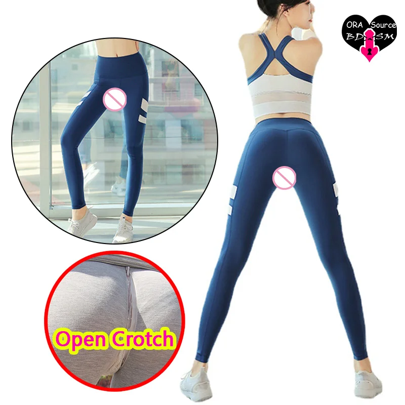Woman's Fitness Sexy Open Crotch Leggings Sport Tank Tops Sets Crotchless Fast Dry Gym Jog Erotic Wear Suit Bra Pad Summer