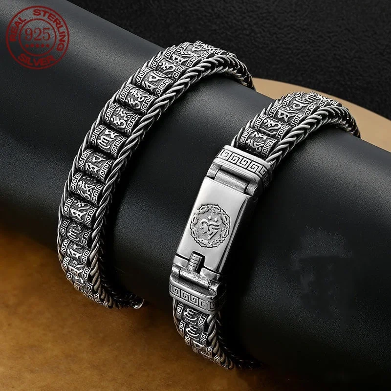 Мужской браслет в ретро стиле простой и просторный серебряный тканый с шестью