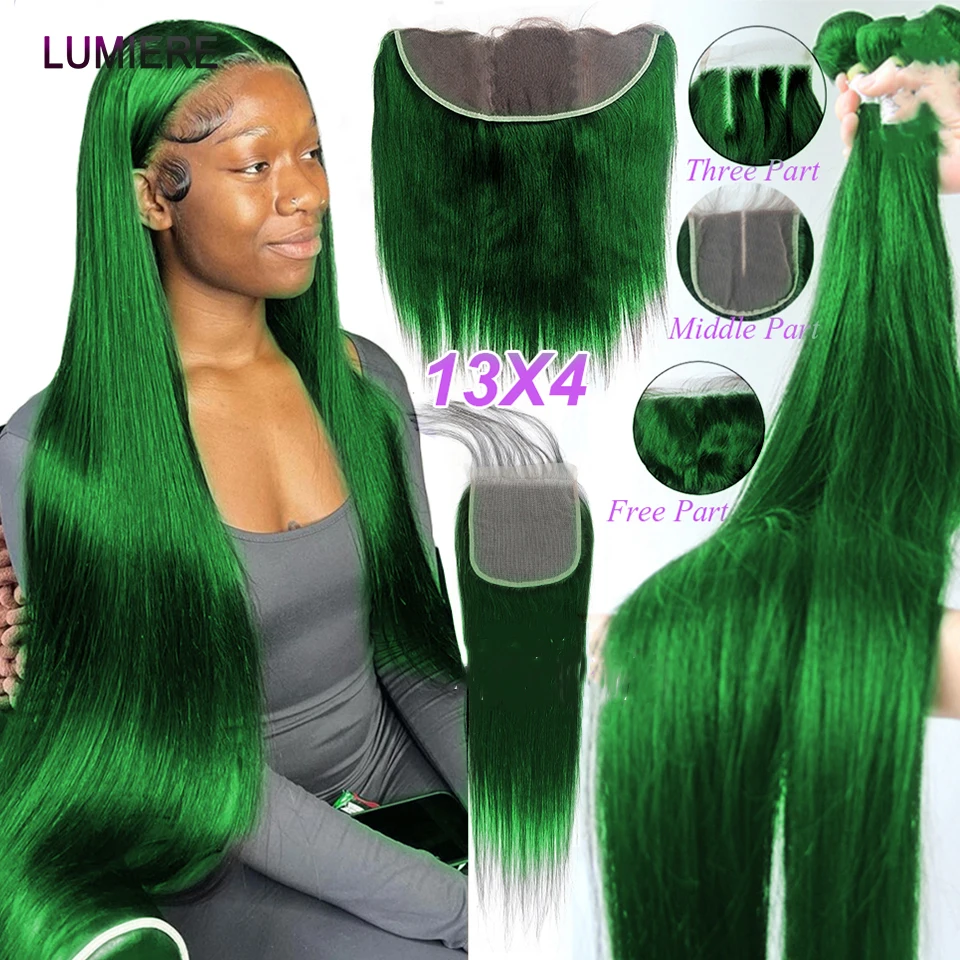 

10"-28" Green Bone Straight Human Hair Bundle With Closure 100% Remy Human Hair Weave Bundle With Frontal Closure Hair Extension