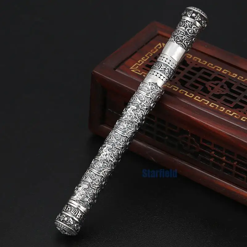 

S925 Sterling Silver Thai Silver Retro six-word Mantra Auspicious Ballpoint Pen Personality Silver Jewelry Birthday Gift